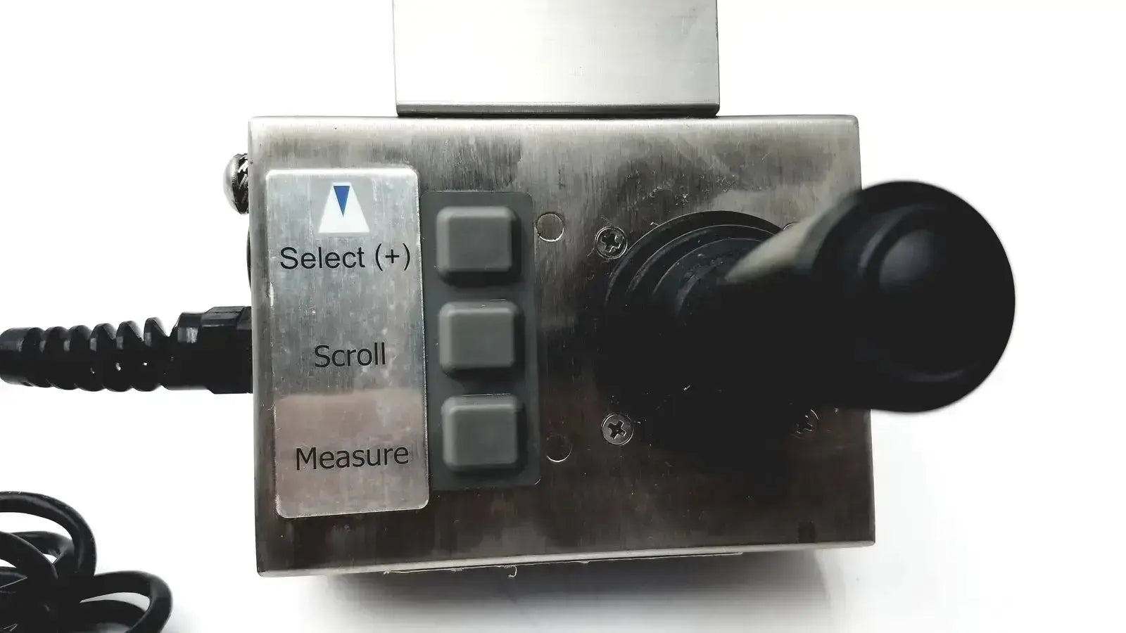 Stainless steel volcano s5i industrial control panel with black joystick and gray select scroll measure buttons