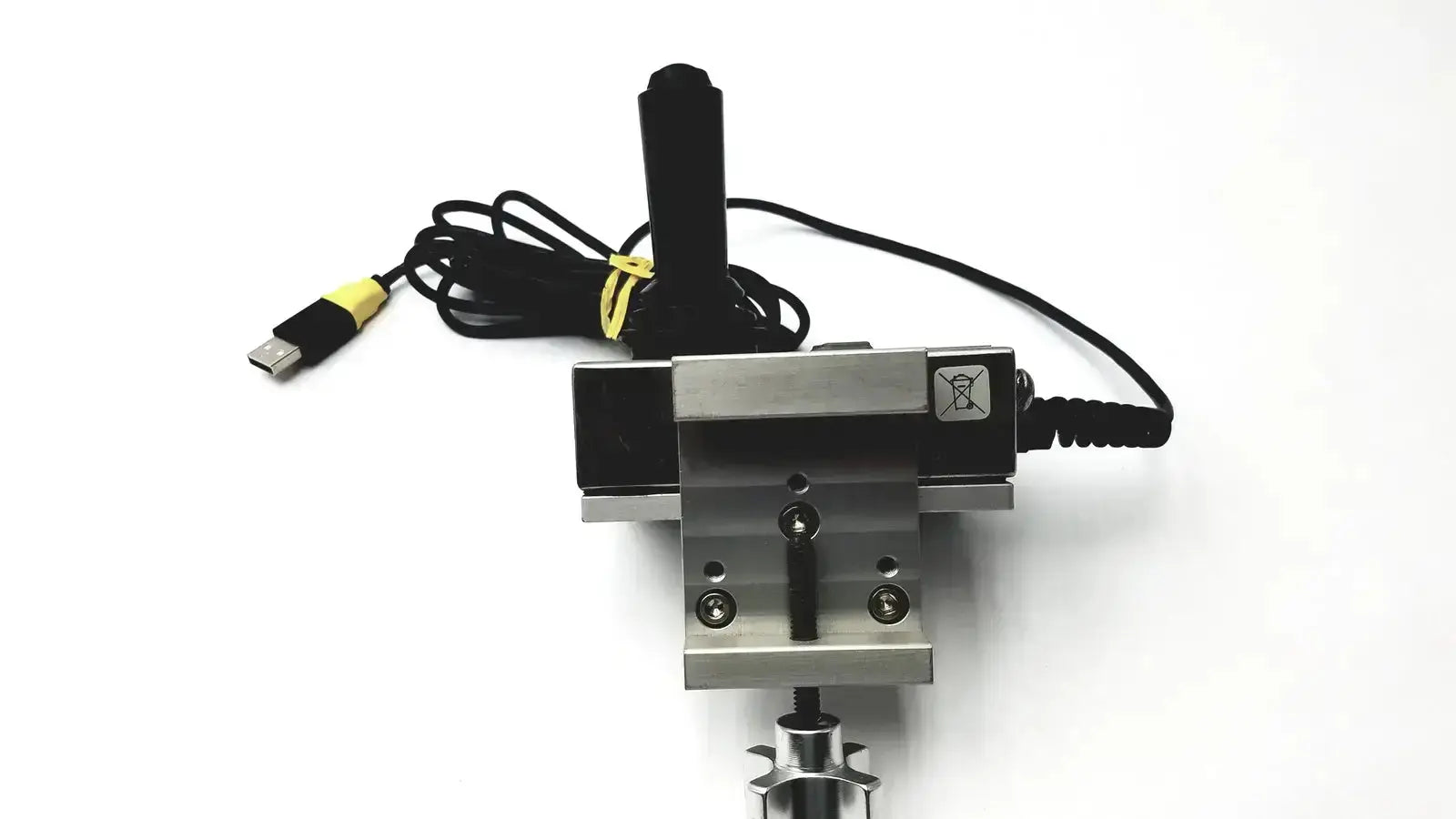 Black and silver industrial clamp with usb cable attached to the volcano s5i s5iGE 806695-001 002 controller joystick