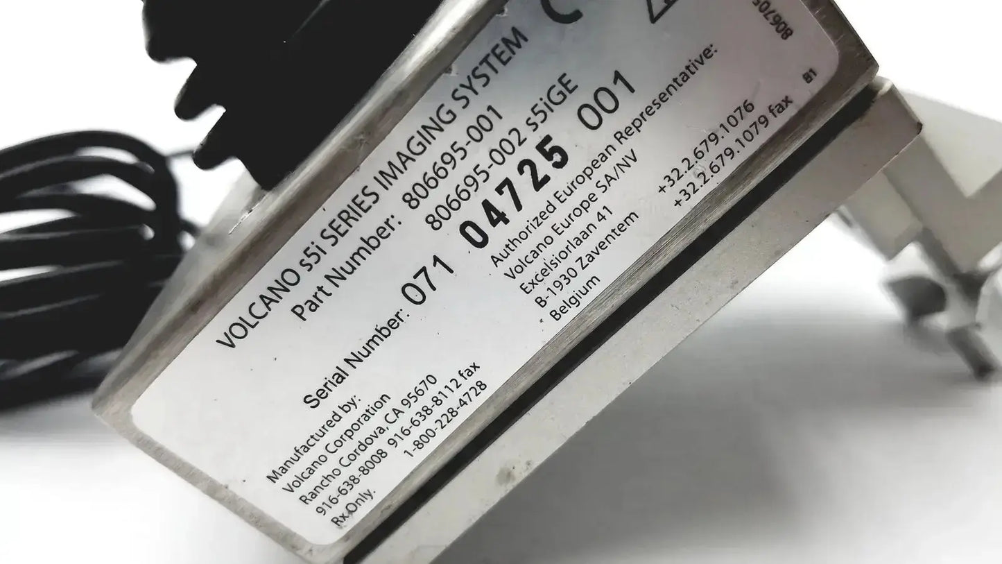 Silver metallic volcano s5i s5ige imaging system controller joystick with white label showing part and serial numbers