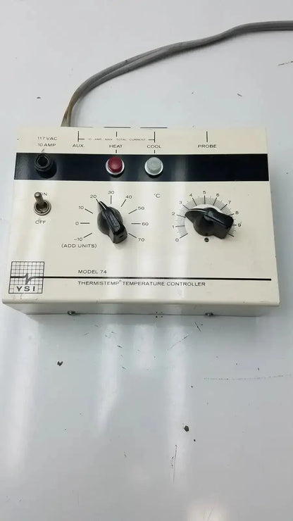 White vsi thermistemp temperature controller model 74 with black dials red silver buttons and gray power cord for -10-70°C use