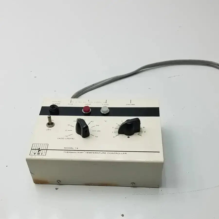 White rectangular vsi thermistemp temperature controller model 74 with black knobs red button and gray power cord for -10-70°C