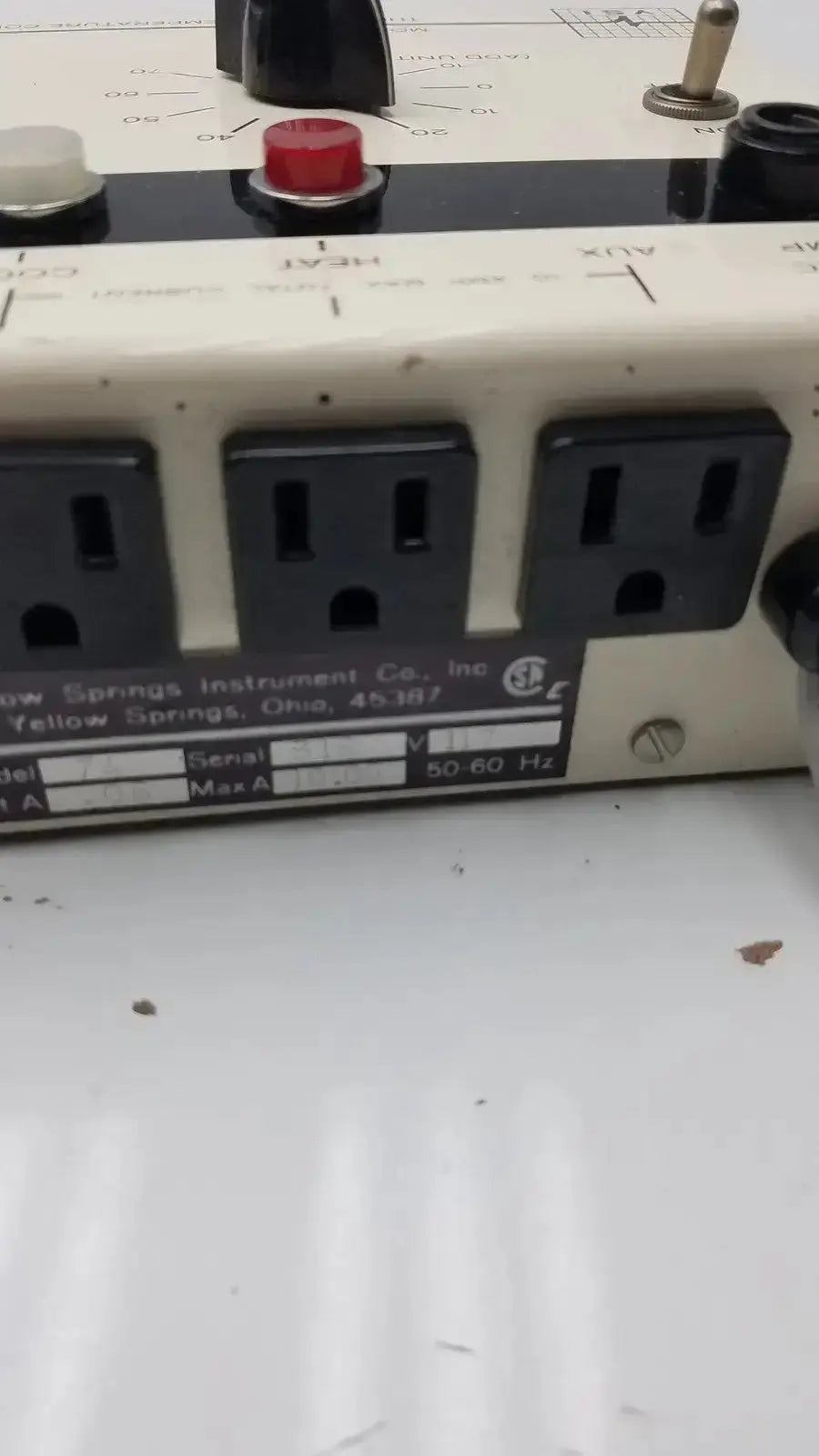 White plastic vsi thermistemp temperature controller model 74 with black outlets and control knobs for precise temperature control