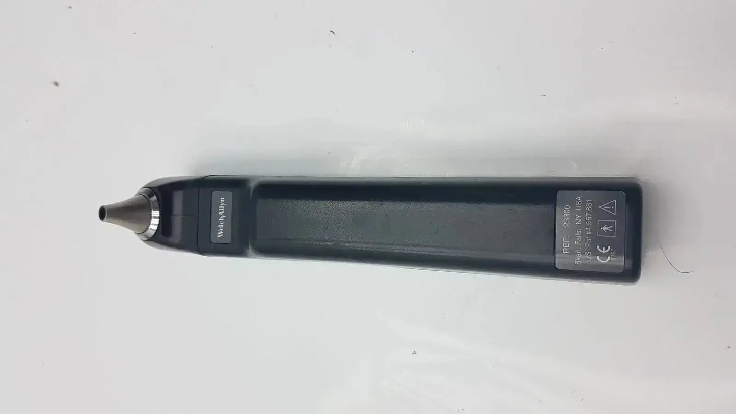 Black handheld Welch Allyn 23300 audioscope portable screening audiometer with metallic tip and labeled specifications