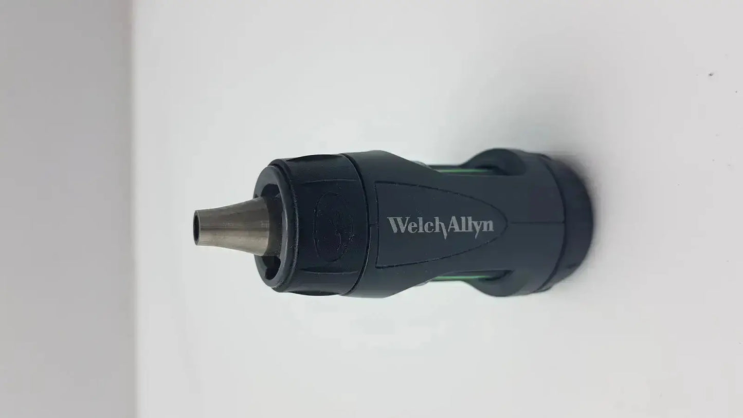 Black welch allyn macroview otoscope head with metallic nozzle and textured grip for ear speculums use