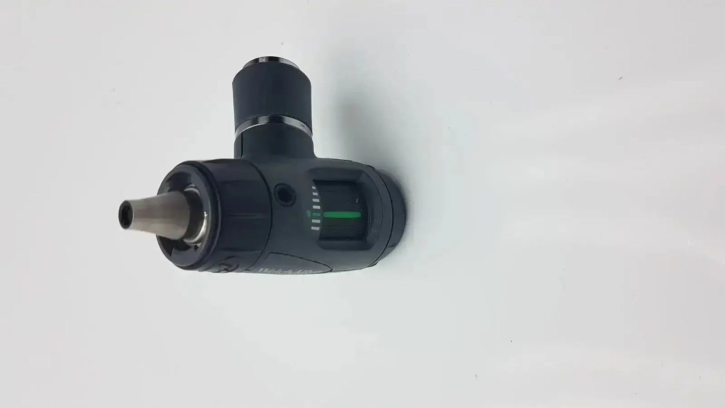 Welch Allyn black and silver macroview otoscope head with green illuminated dial for ear speculum use