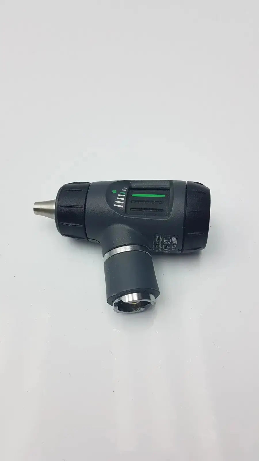 Black and silver welch allyn macroview otoscope with green power indicator light used with ear speculums head only