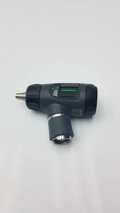 Black and silver welch allyn macroview otoscope with green power indicator light used with ear speculums head only
