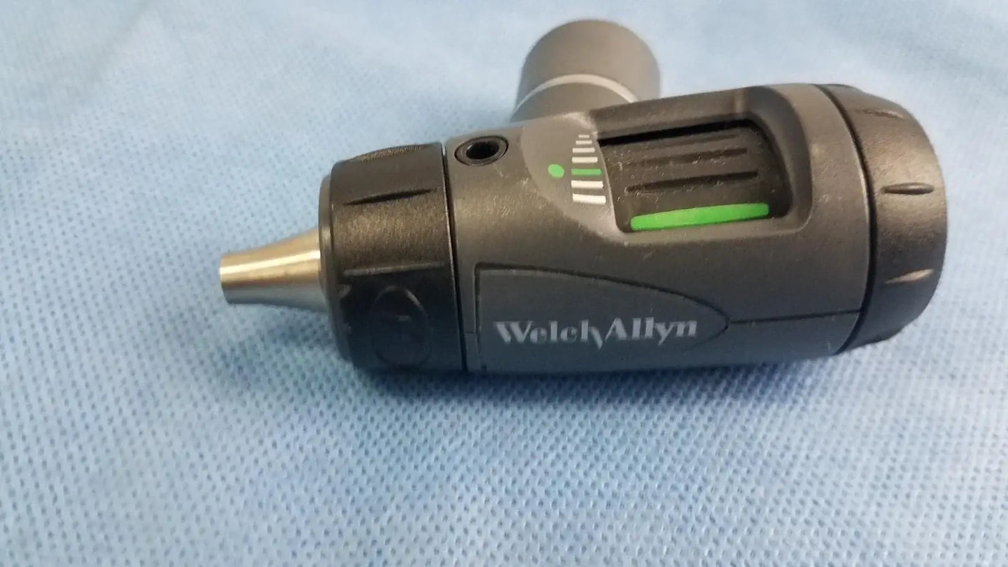 Black and gray welch allyn 23810 macrovview otoscope with metallic tip and green indicator lights for reuse medical equipment