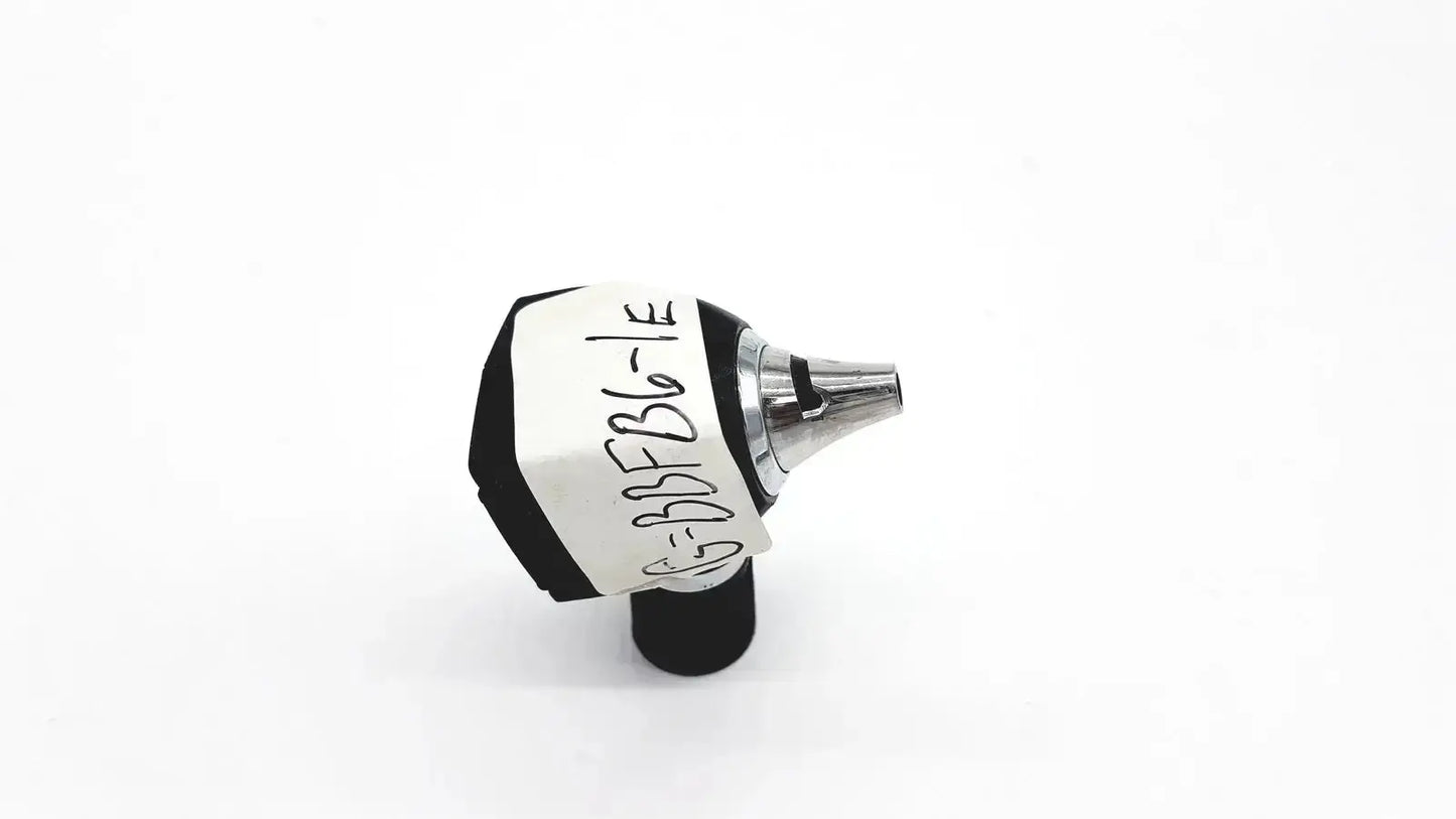 Black and silver welch allyn 25020 3.5v otoscope ophthalmoscope head with labeled white sticker on handle