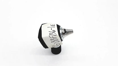 Black and silver welch allyn 25020 3.5v otoscope ophthalmoscope head with labeled white sticker on handle