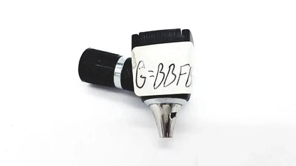 Black and silver Welch Allyn 25020 3.5V otoscope ophthalmoscope head with a handwritten label shown clearly