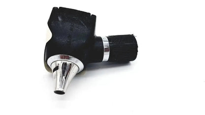 Black and silver welch allyn 25020 3.5v otoscope ophthalmoscope head with metallic cone-shaped tip and textured grip