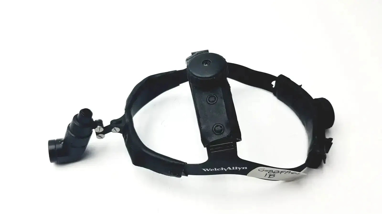 Black head-mounted welch allyn surgical headlight assy with adjustable arm and branded strap for medical use