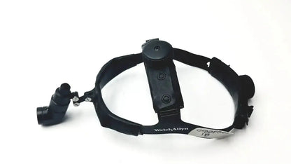 Black head-mounted welch allyn surgical headlight assy with adjustable arm and branded strap for medical use