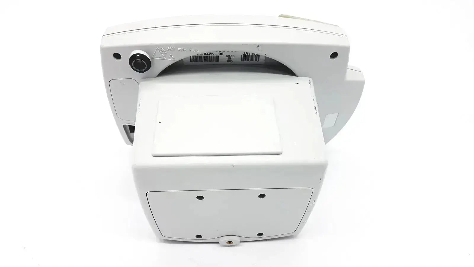 Back view of white plastic welch allyn 53000 series vital signs monitor with built-in camera and barcode label