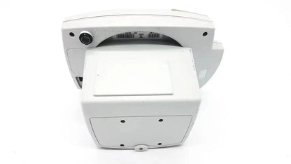 Back view of white plastic welch allyn 53000 series vital signs monitor with built-in camera and barcode label