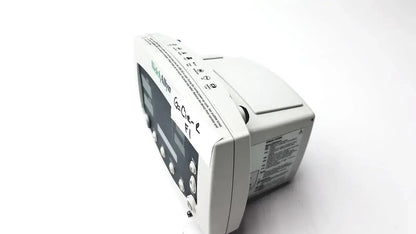 White welch allyn 530t0 patient monitor with black screen and control buttons labeled nellcor on its side