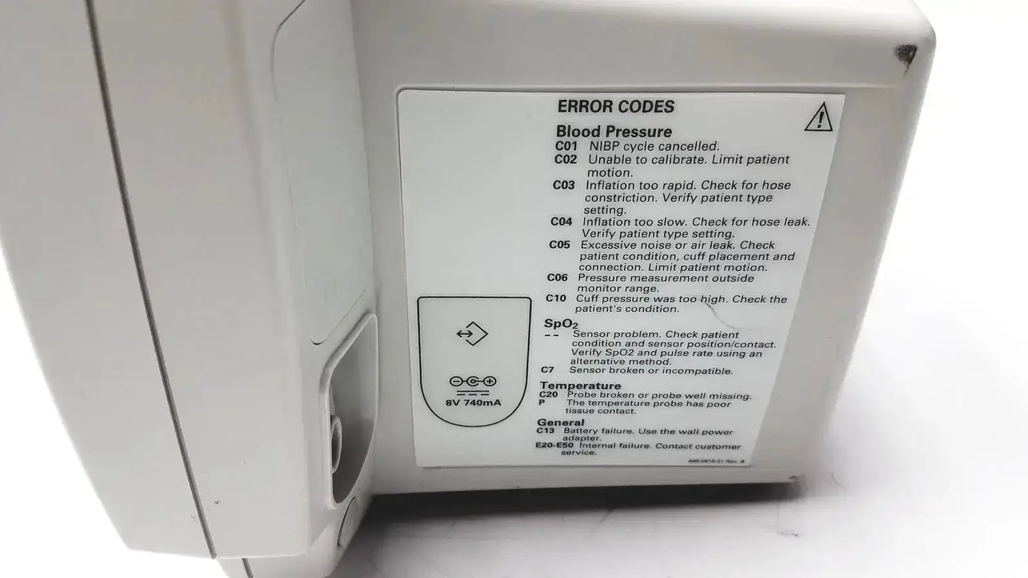 White plastic label on welch allyn 530t0 patient monitor displaying error codes for blood pressure and spo2 monitoring