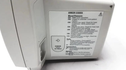 White plastic label on welch allyn 530t0 patient monitor displaying error codes for blood pressure and spo2 monitoring