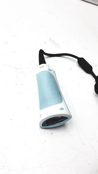Light blue and white handheld welch allyn 6000-916hs barcode scanner with black wrist strap for efficient scanning
