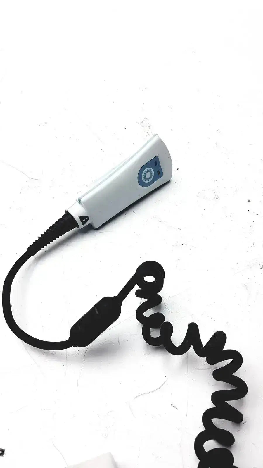 White plastic medical call button with blue circular logo and black coiled cord for welch allyn 6000-916hs barcode scanner