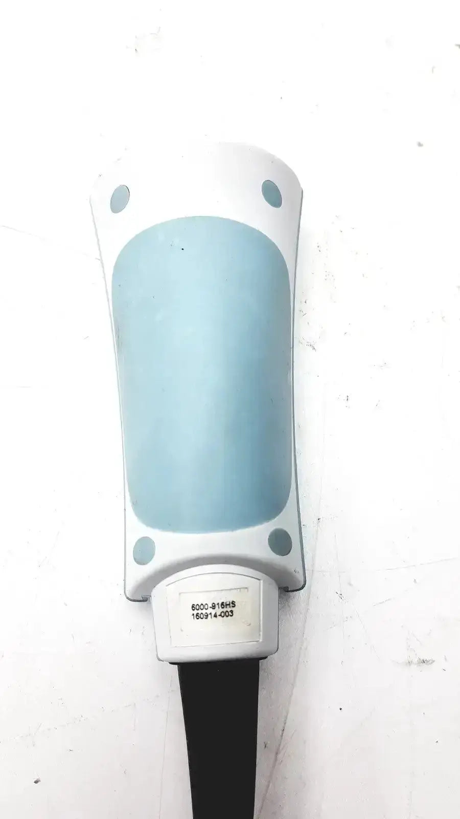 Welch allyn 6000-916hs barcode scanner with sleek white and light blue plastic handle, black strap, and rounded edges