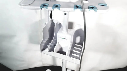 White plastic orthopedic walker with teal footrest supports and brand logo used with welch allyn connex vital signs monitor