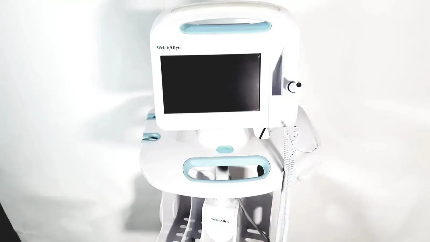 White and light blue Welch Allyn Connex vital signs monitor with touchscreen on wheeled stand for wireless use