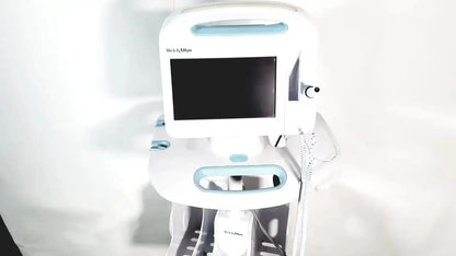 White and light blue Welch Allyn Connex vital signs monitor with touchscreen on wheeled stand for wireless use