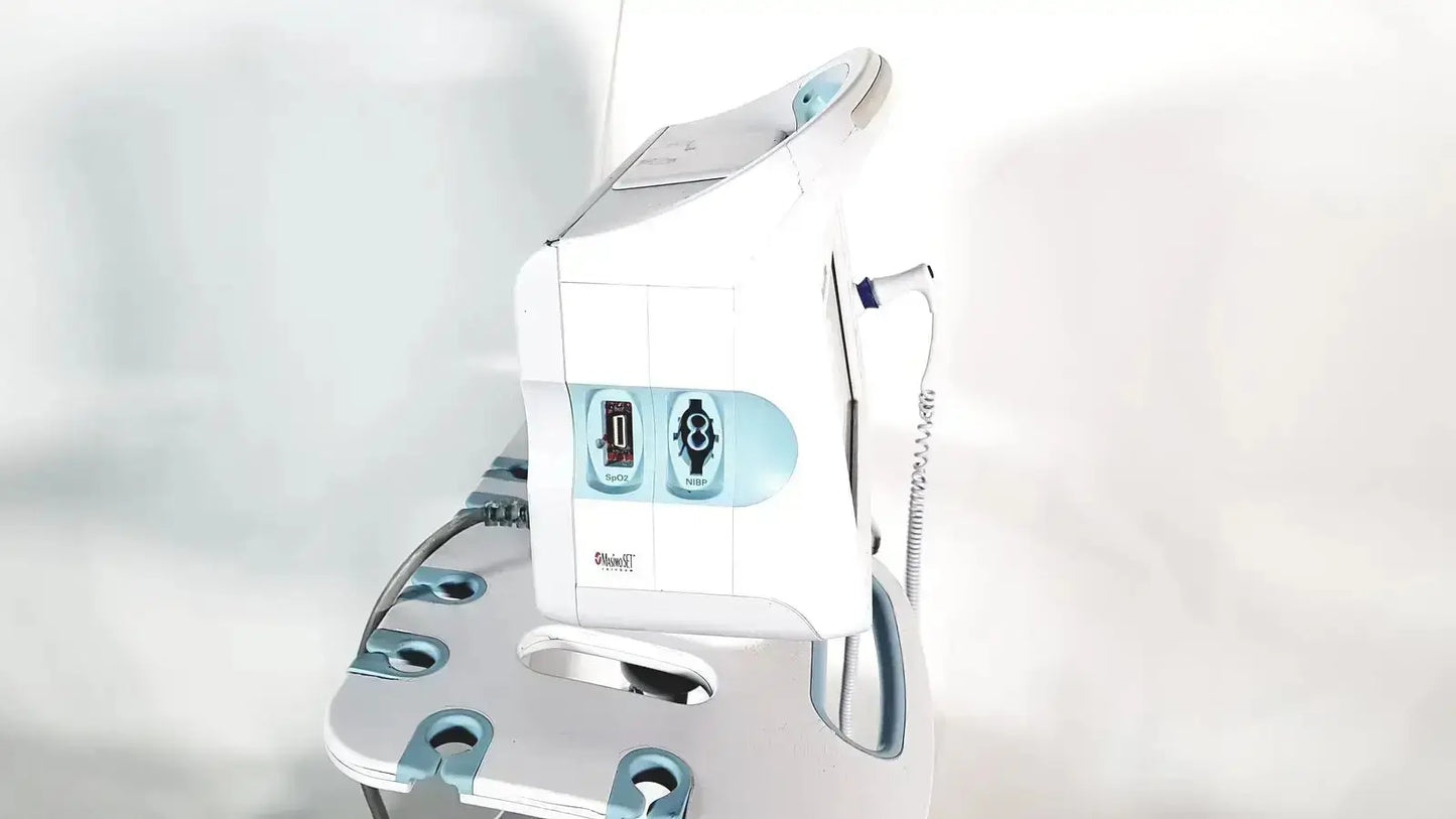 White and light blue medical-grade ironing station with control panels for welch allyn connex vital signs monitoring system