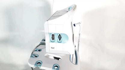 White and light blue medical-grade ironing station with control panels for welch allyn connex vital signs monitoring system