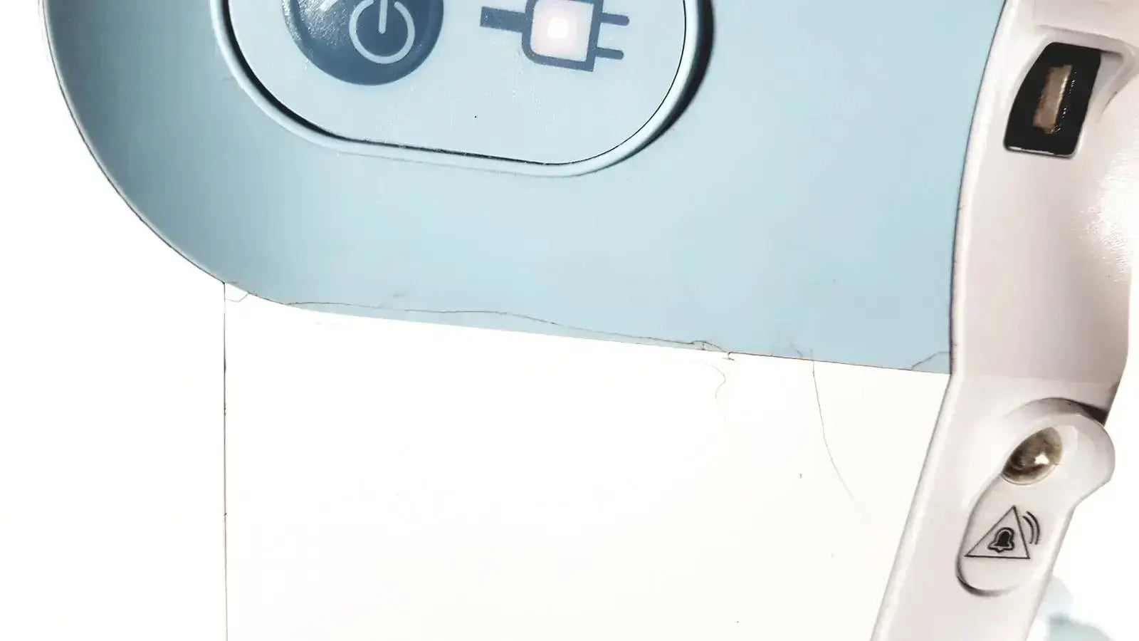 Light blue and white plastic hair dryer with power and plug icons on the control panel for Welch Allyn Connex Vital Signs Monitor 6000 Series wireless