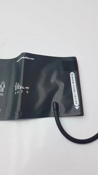 Welch Allyn durable adult blood pressure cuff in black rubber with flexible tube and printed measurement indicators