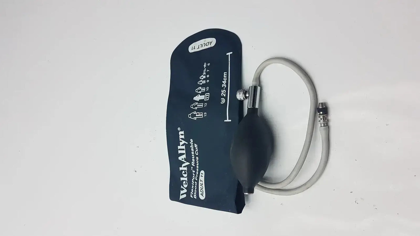 Welch Allyn FlexiPort reusable adult blood pressure cuff with black inflatable bladder and gray tubing 25-34 cm