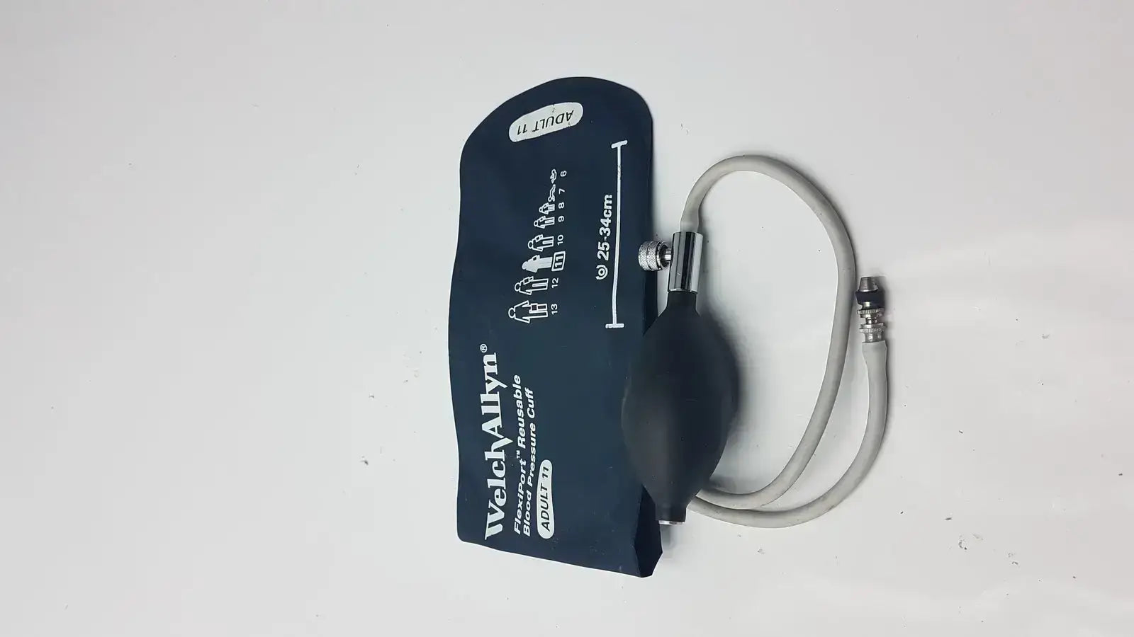 Welch Allyn FlexiPort reusable adult blood pressure cuff with black inflatable bladder and gray tubing 25-34 cm