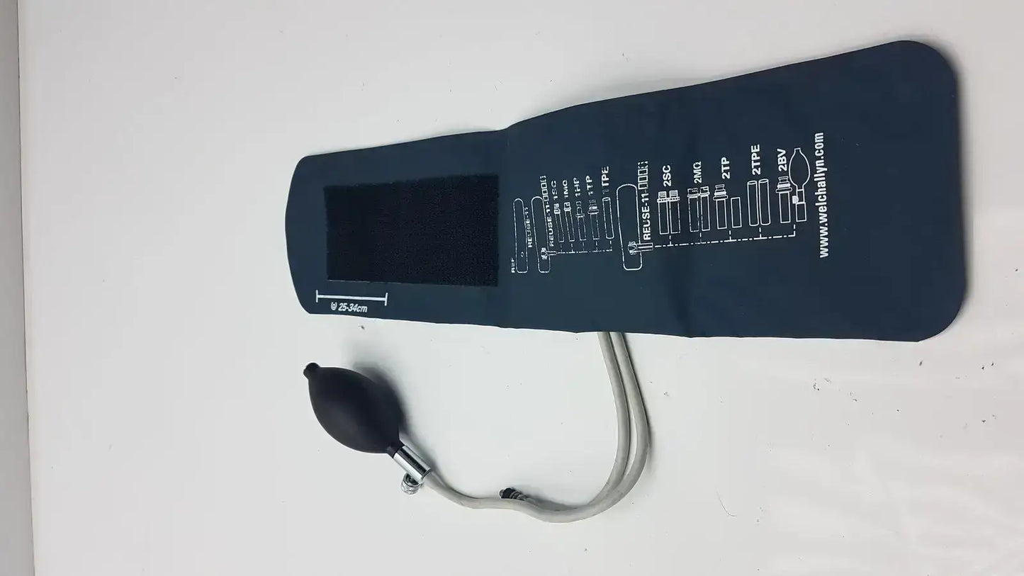 Welch Allyn FlexiPort reusable black blood pressure cuff with silver bulb and measurement markings for adult use 25-34 cm