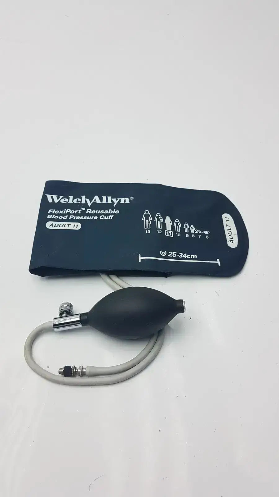 Welch Allyn FlexiPort reusable blood pressure cuff adult 11 navy blue with sizing charts and measurement markings