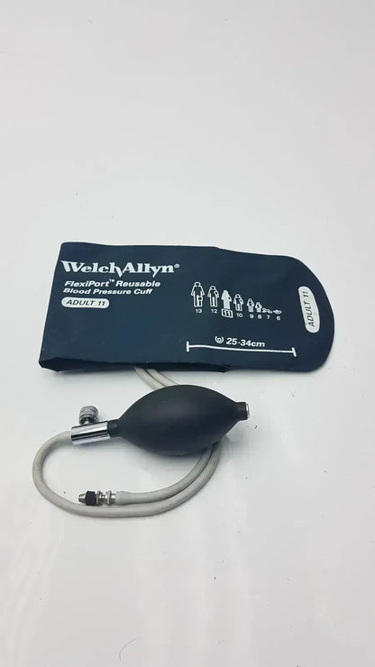 Welch Allyn FlexiPort reusable blood pressure cuff adult 11 navy blue with sizing charts and measurement markings
