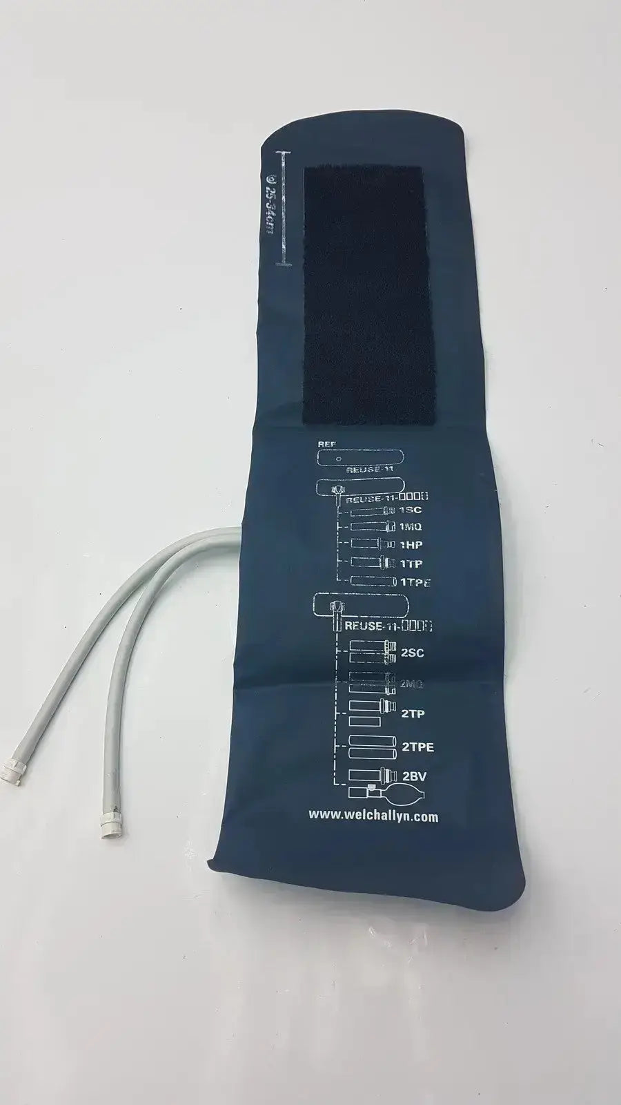 Dark blue welch allyn flexiport reusable blood pressure cuff with white sizing chart and tubing for adult use 25cm to 34cm