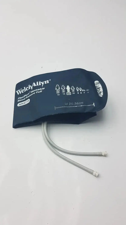 Dark blue welch allyn flexiport reusable blood pressure cuff for adults with soft fabric and elasticated design