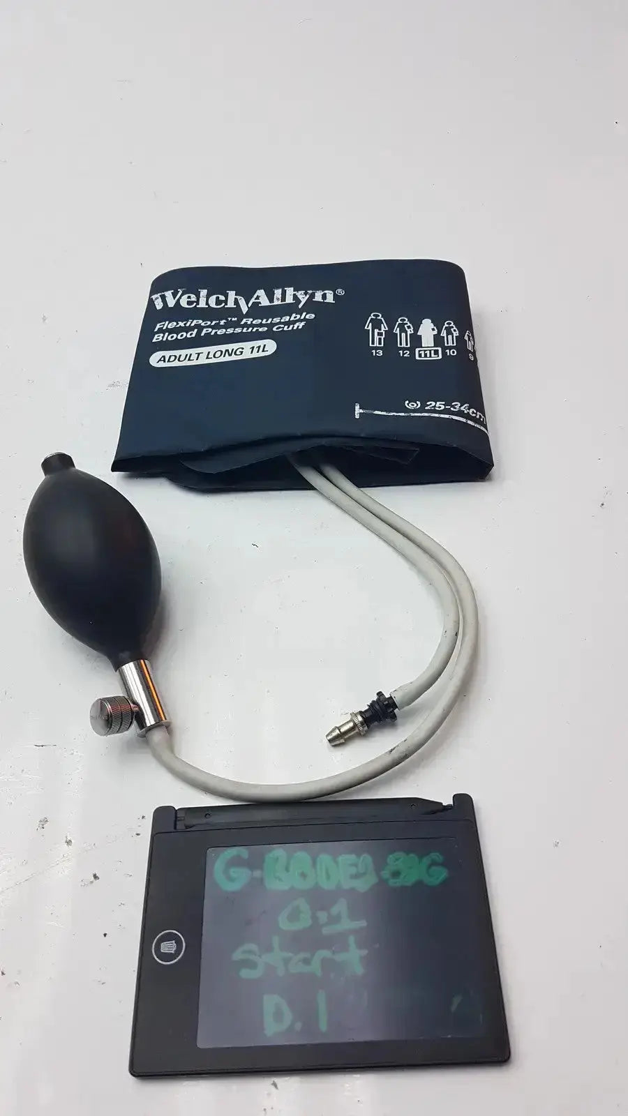 Welch Allyn Flexiport reusable blood pressure cuff adult long 11L with black bulb gray tubing paired with digital display unit