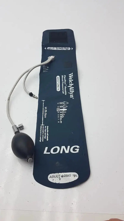 Dark blue welch allyn flexiport reusable adult long blood pressure cuff with black bulb and white tubing for blood pressure monitoring