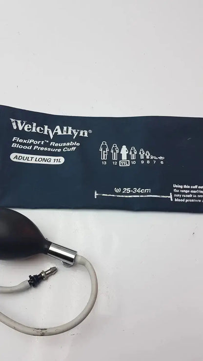 Dark blue Welch Allyn Flexiport reusable adult blood pressure cuff with white sizing chart and measurement markings