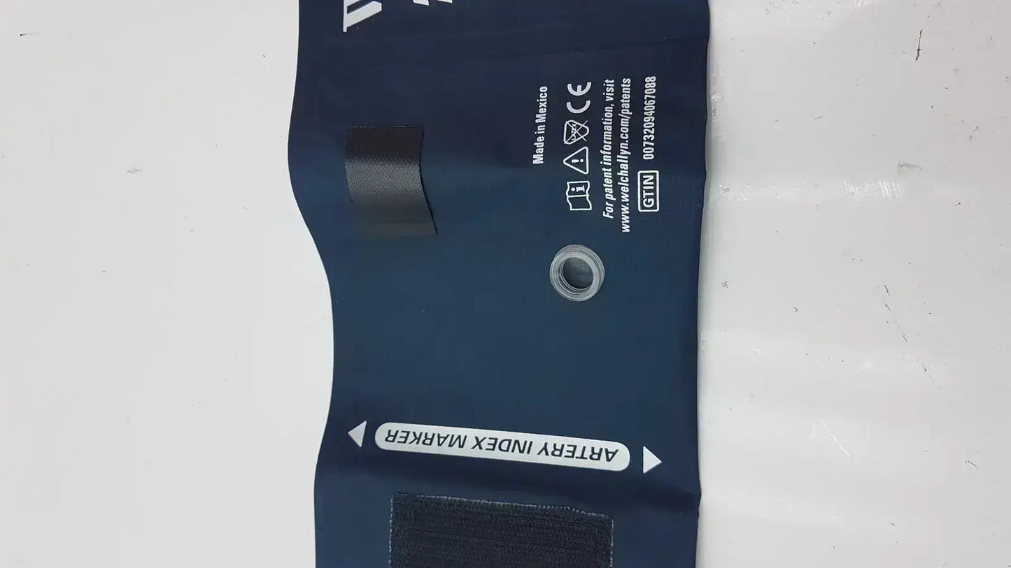 Dark blue welch allyn flexiport reusable blood pressure cuff adult long 11l with artery index marker and black velcro tabs