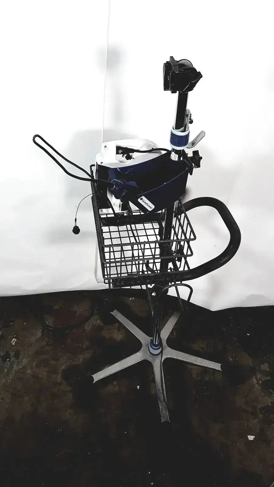Black and blue welch allyn glidescope cobalt avl medical cart with wire basket adjustable armrests and star-shaped base