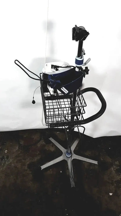 Black and blue welch allyn glidescope cobalt avl medical cart with wire basket adjustable armrests and star-shaped base