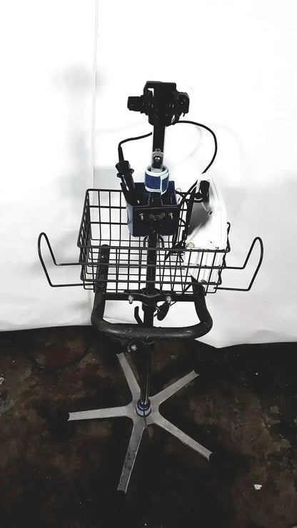 Black metal bicycle basket stand with camera mounted on top for welch allyn glidescope cobalt avl monitor cart and stand