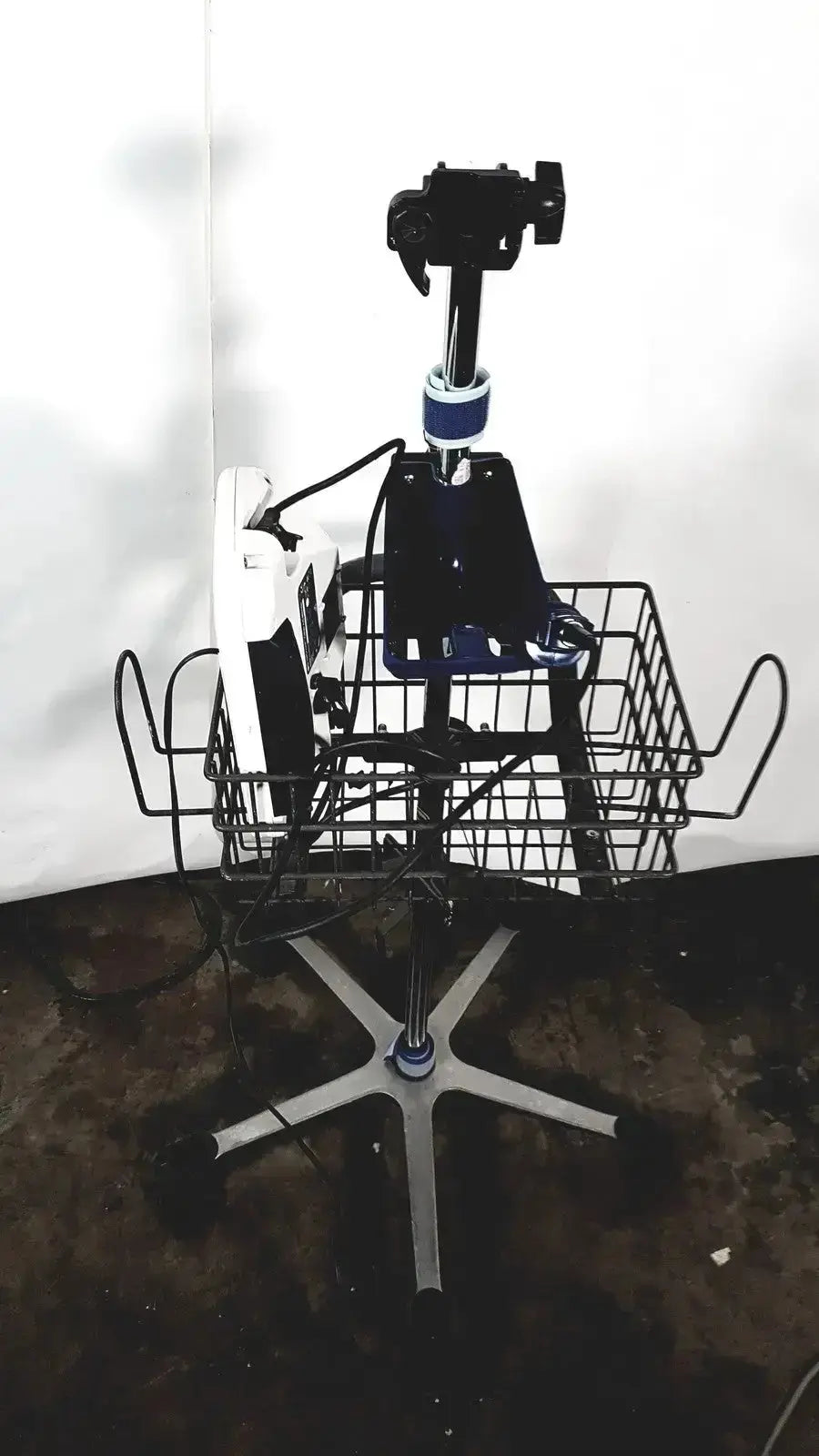 Black metal shopping cart with mounted camera rig and white electronic device for welch allyn glidescope cobalt avl monitor