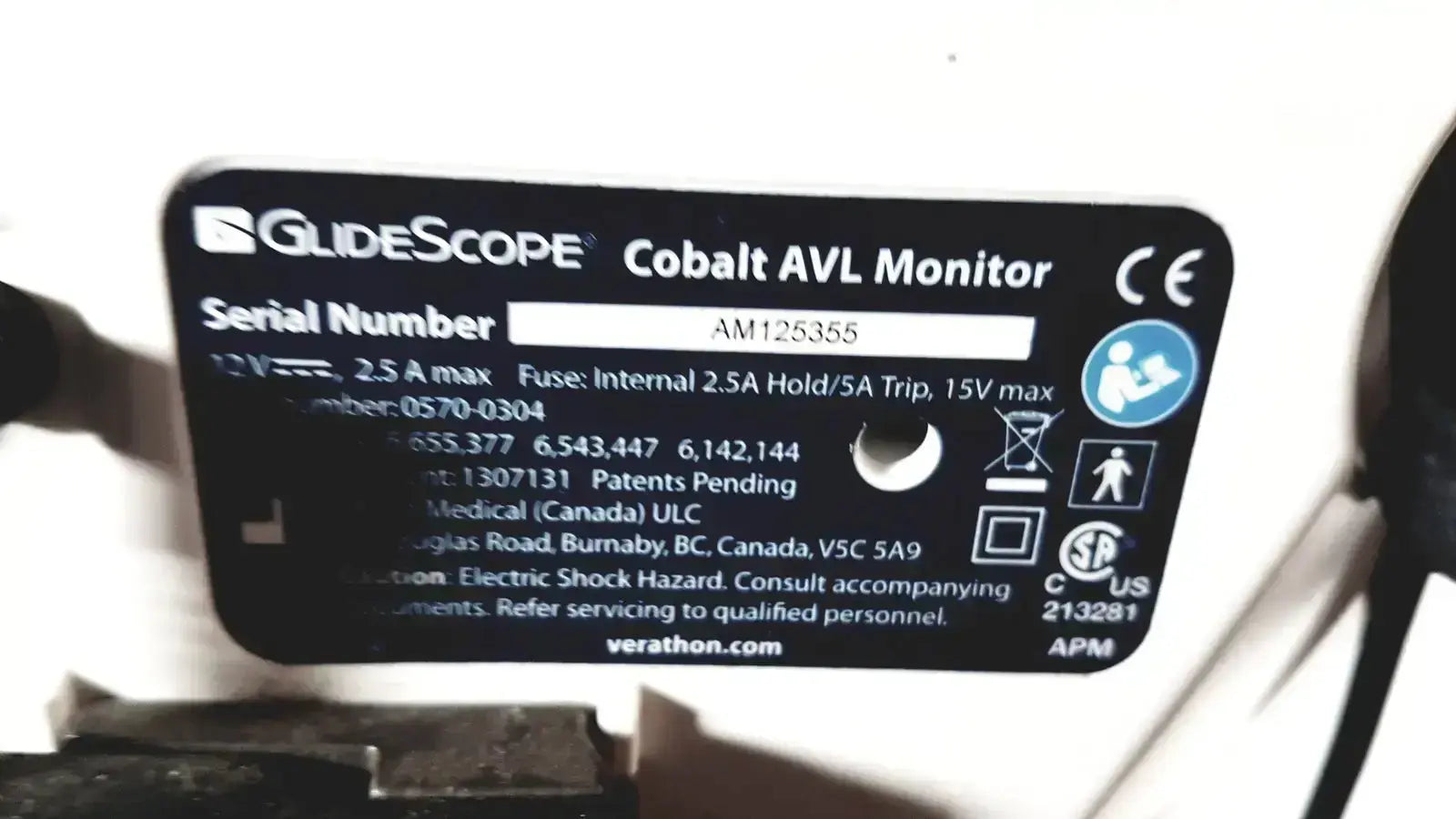 Black rectangular label with white text displaying welch allyn glidescope cobalt avl monitor on medical device panel