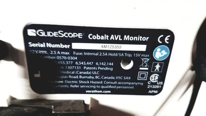 Black rectangular label with white text displaying welch allyn glidescope cobalt avl monitor on medical device panel
